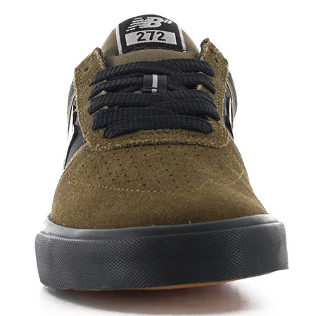 Front view of the New Balance Numeric 272 skate shoe showing the olive suede toe, black laces and 272 tongue label.