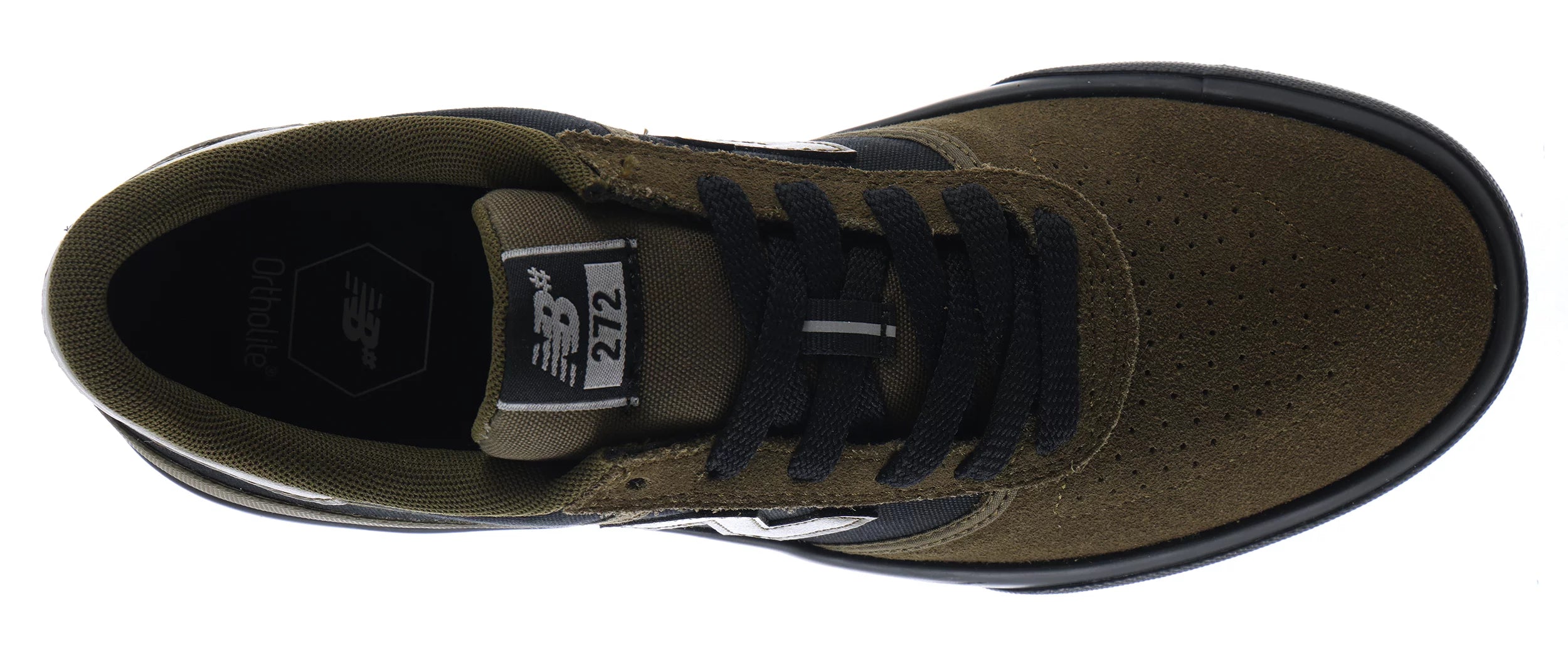 Top view of the New Balance Numeric 272 skate shoe showing black laces, perforated suede toe, padded collar and 272 tongue label.