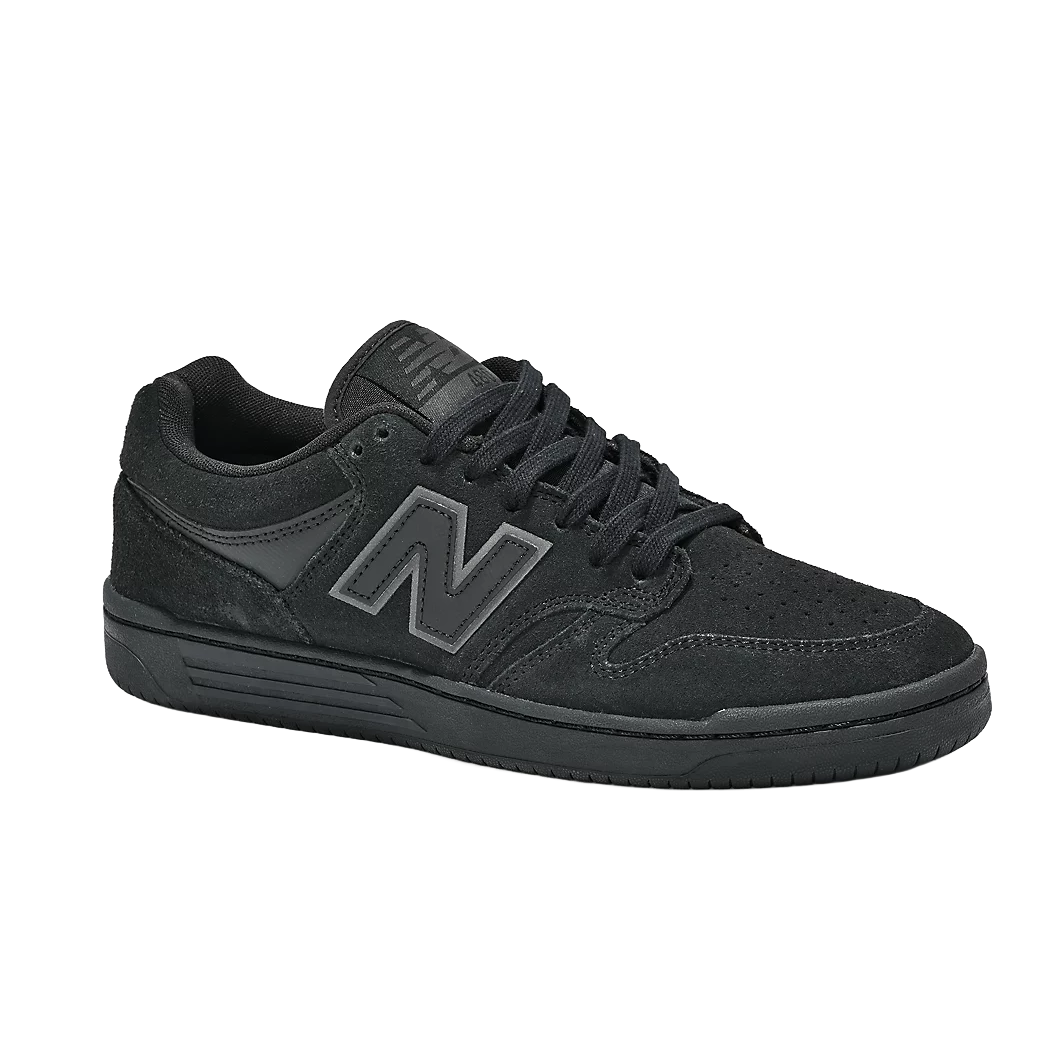 New Balance Numeric 480 skate shoe in Black and Black with suede upper, perforated toe and black New Balance N logo.
