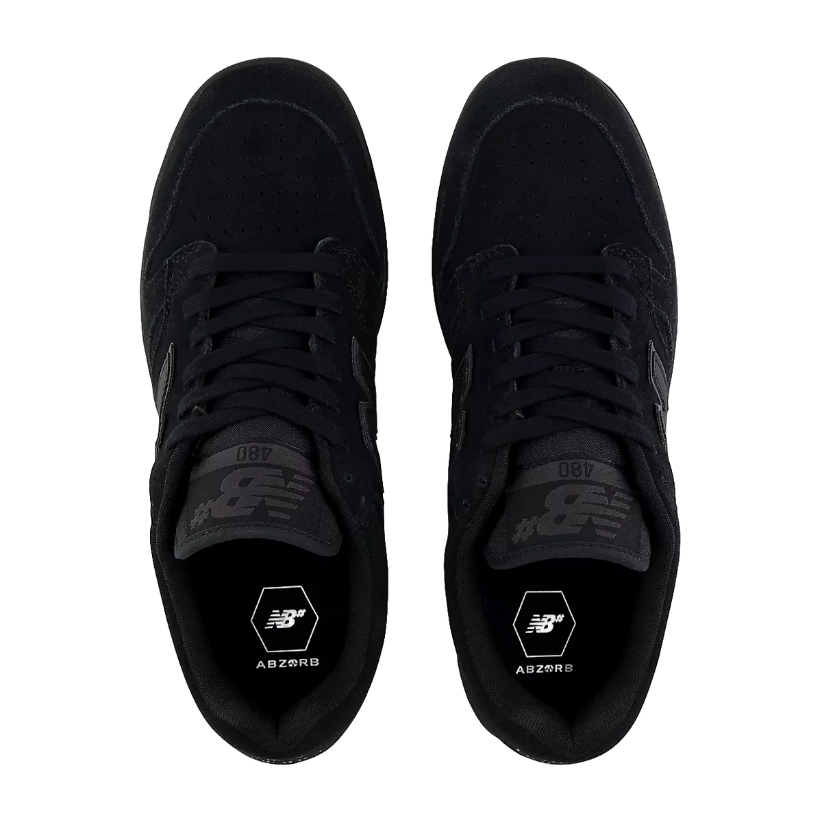 op view of a pair of New Balance Numeric 480 Black and Black skate shoes showing the laces, perforated toes and ABZORB insoles.