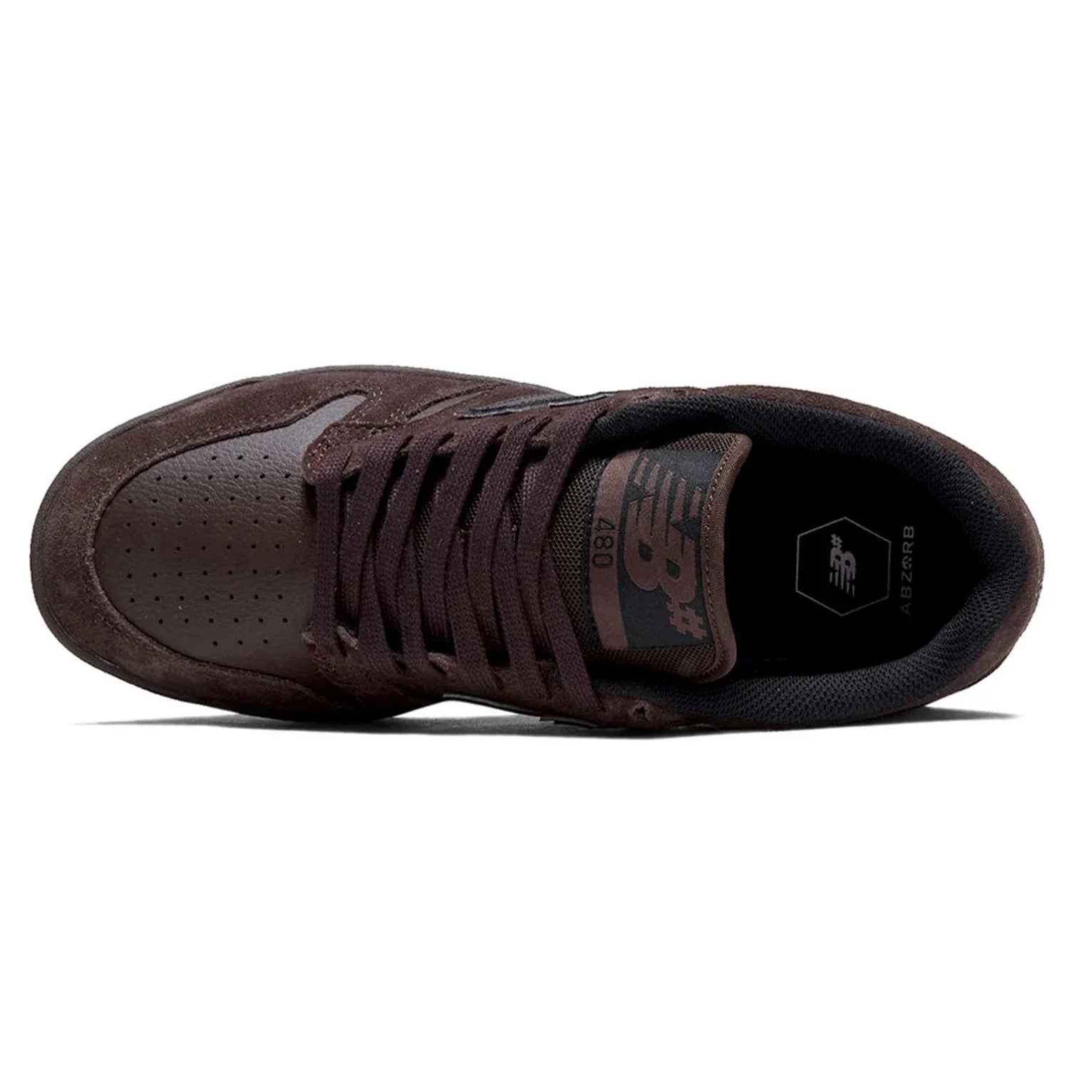 Top view of the New Balance Numeric 480 Chocolate Brown skate shoe showing brown laces, perforated toe, padded collar and ABZORB insole.