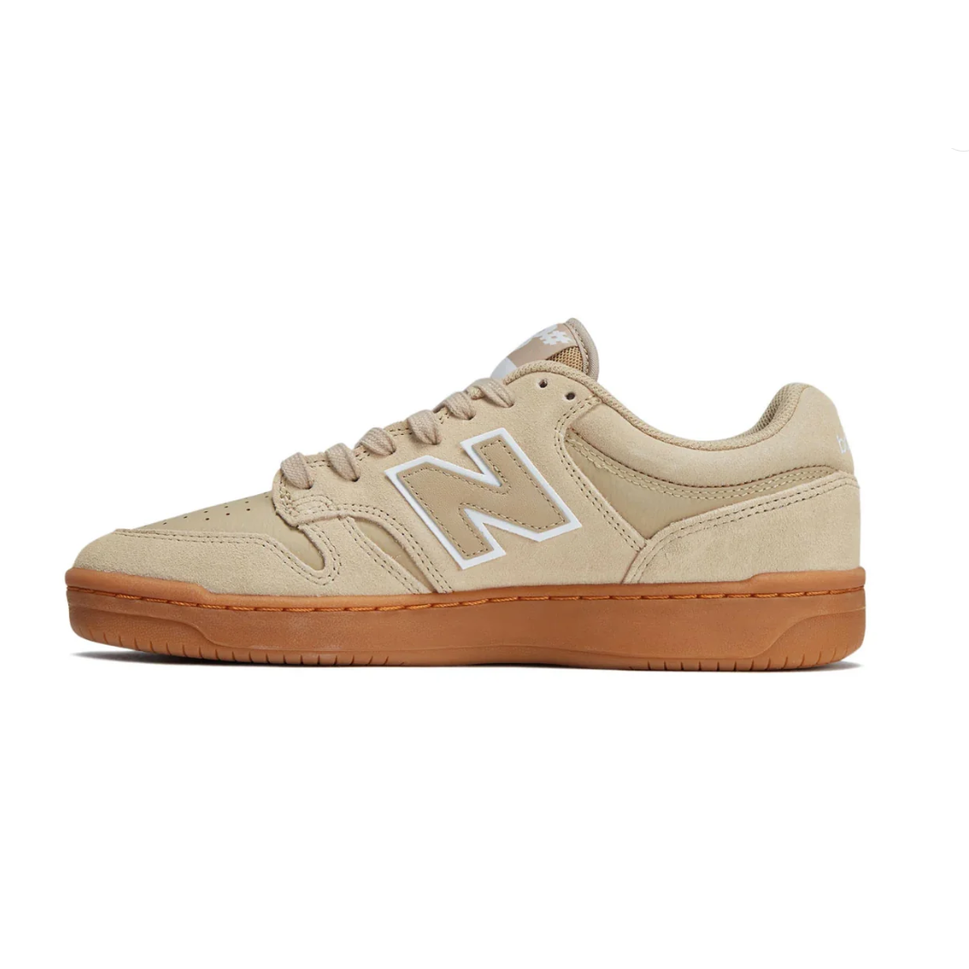 Inner side profile of the New Balance Numeric 480 skate shoe in Incense and White with suede upper, perforated toe and gum cupsole.