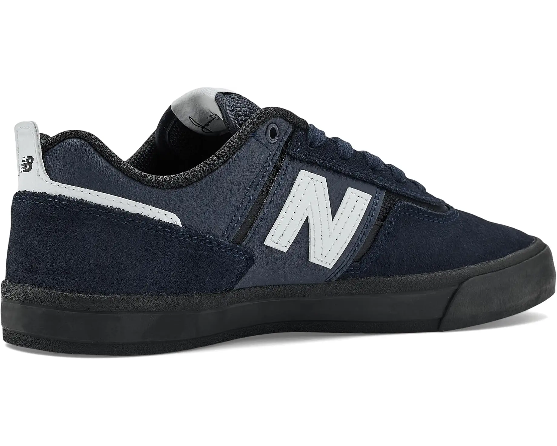 Rear three-quarter side view of the New Balance Numeric Jamie Foy 306 in Eclipse and White showing the suede heel, white N logo and black vulcanized sole.