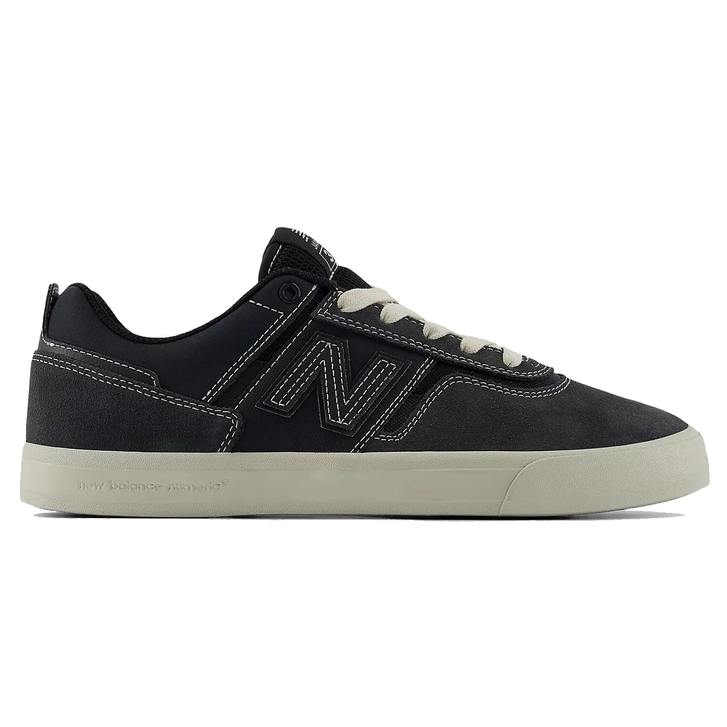 New Balance Numeric Jamie Foy 306 skate shoe in grey and beige, outer side profile with suede upper, contrast stitching and vulcanized sole.