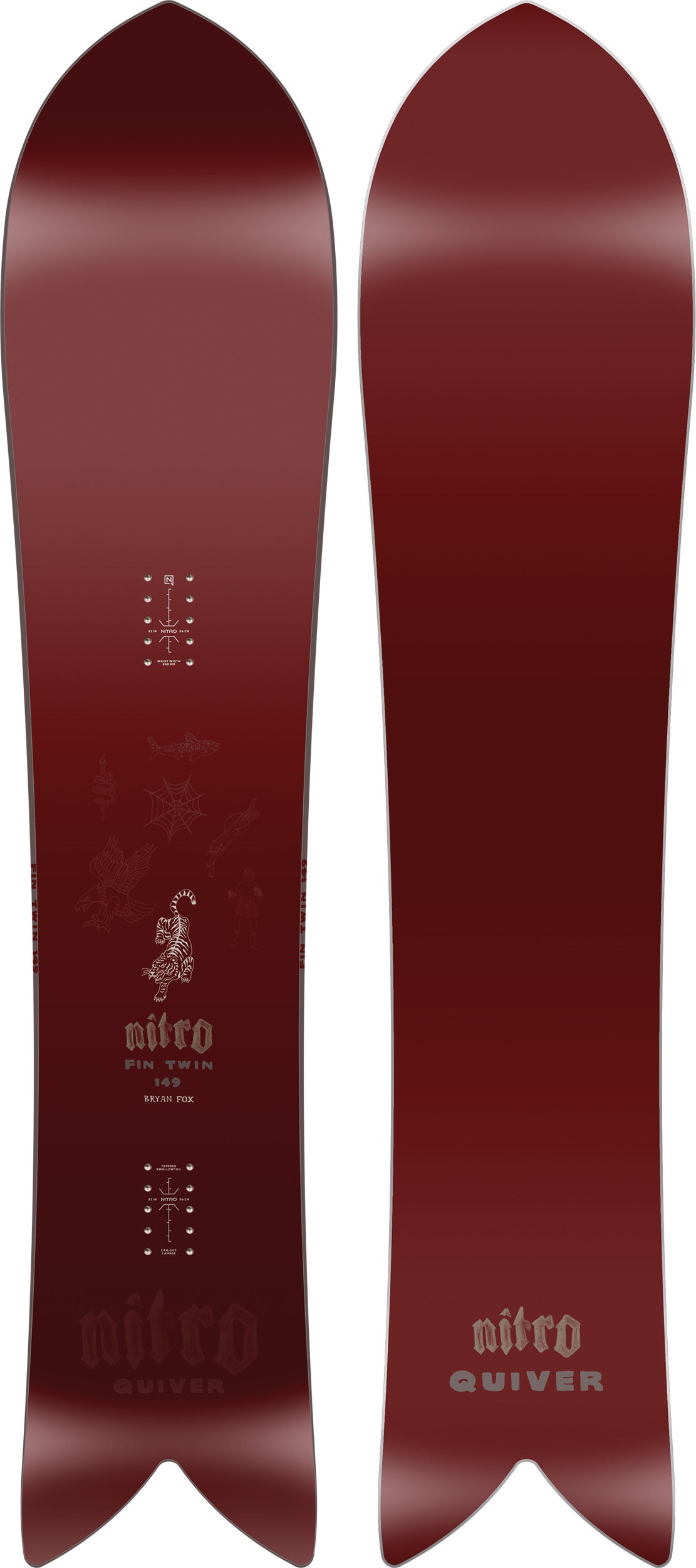 Nitro Fin Twin Quiver Series snowboard 2027 with detailed topsheet and base, designed for versatile snowboarding performance.