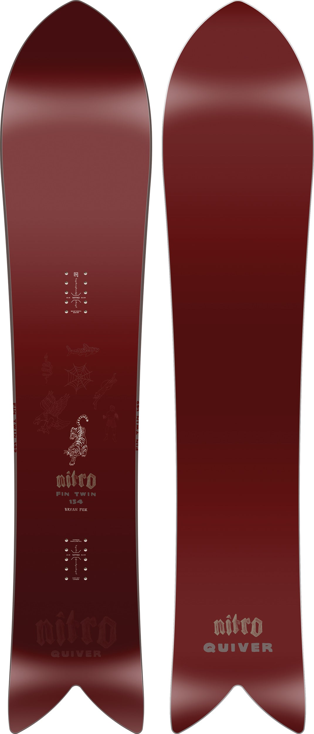 Nitro Fin Twin Quiver Series snowboard 2027 with top sheet and base in a snowboarding image, showcasing its design and construction.