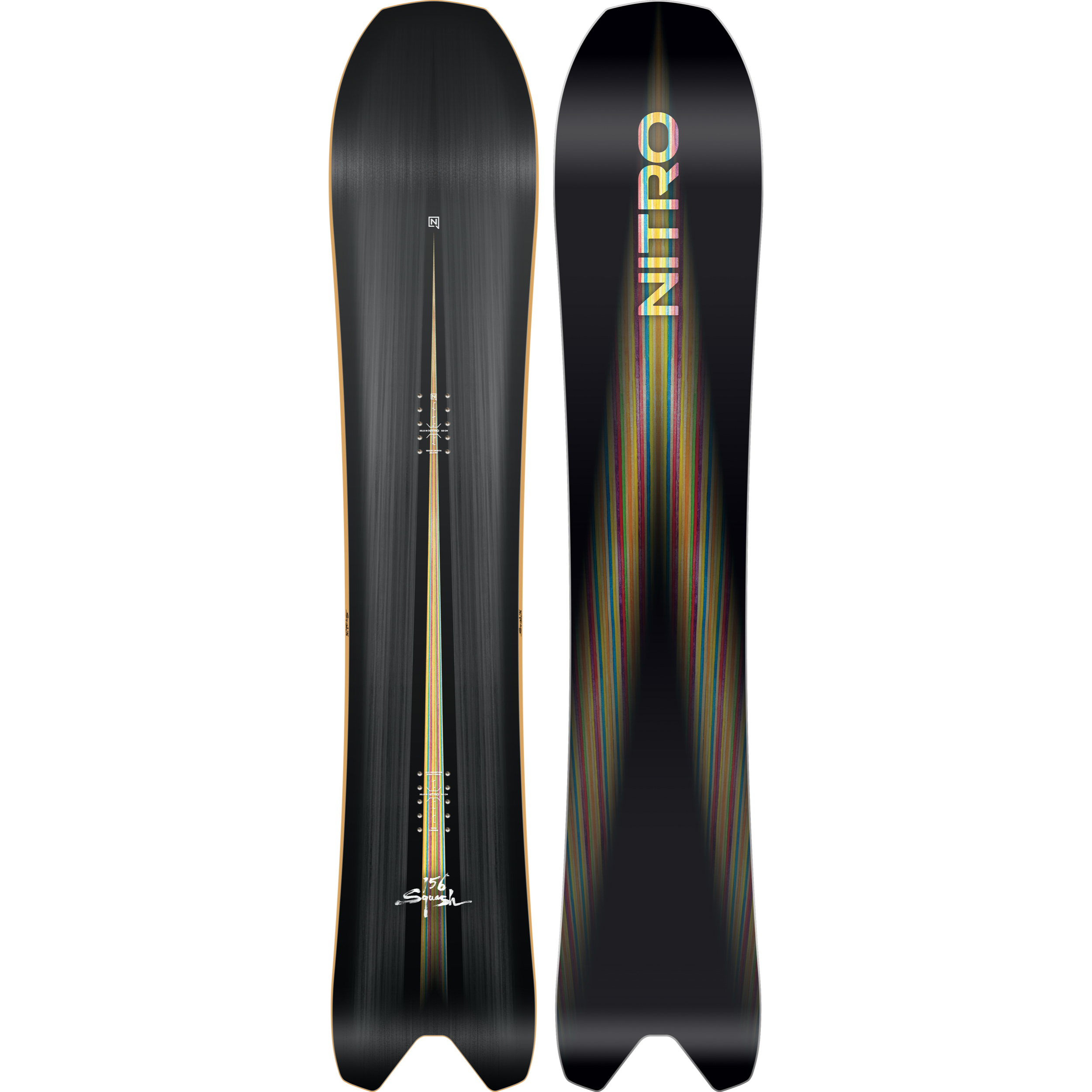 Nitro Squash Snowboard 2027 with colorful topsheet and detailed base, designed for winter snowboarding adventures.