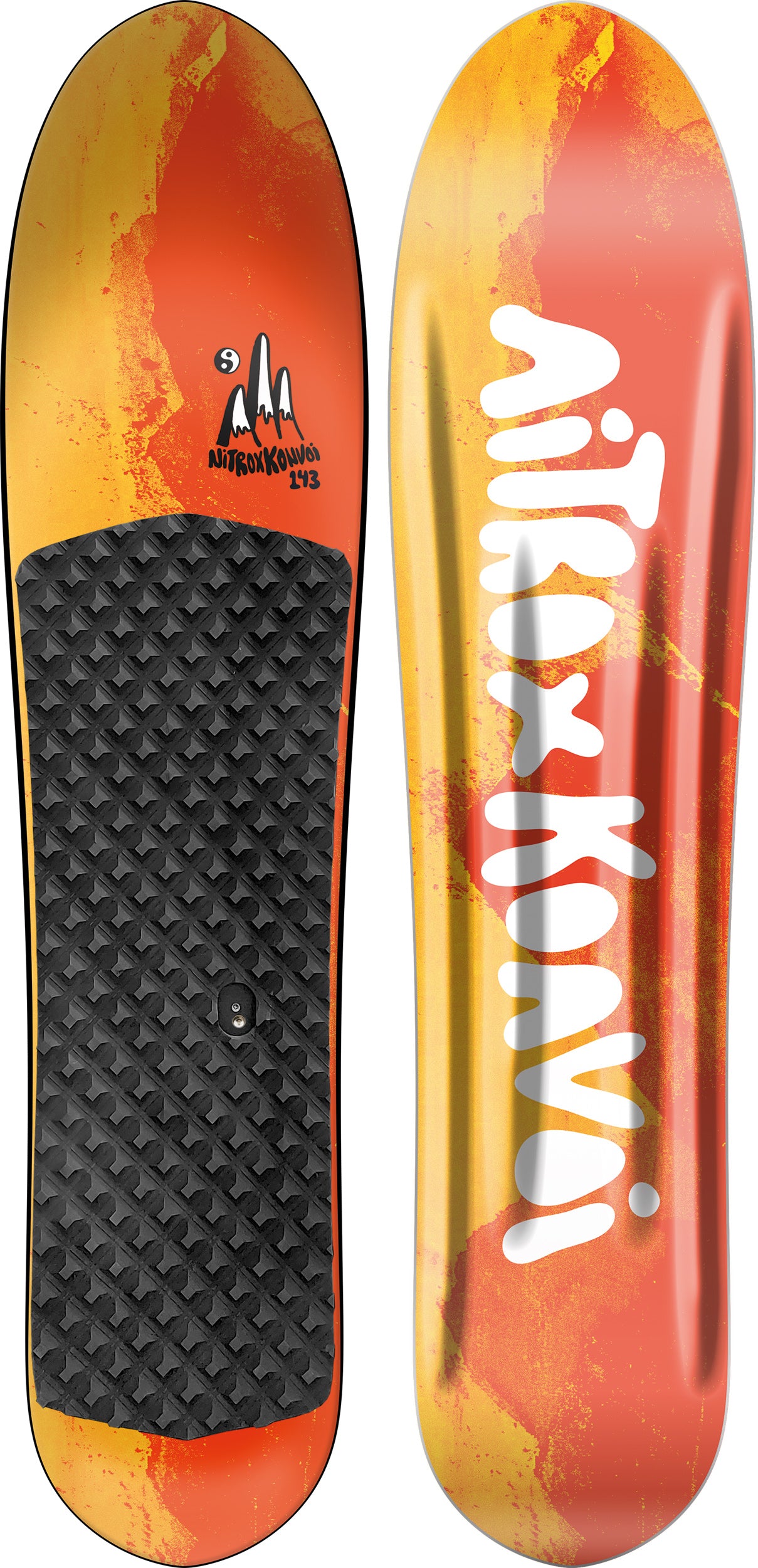 Nitro X Konvoi Pow Surfer snowboard 2027 with colorful topsheet and base, designed for snowboarding and powder riding.