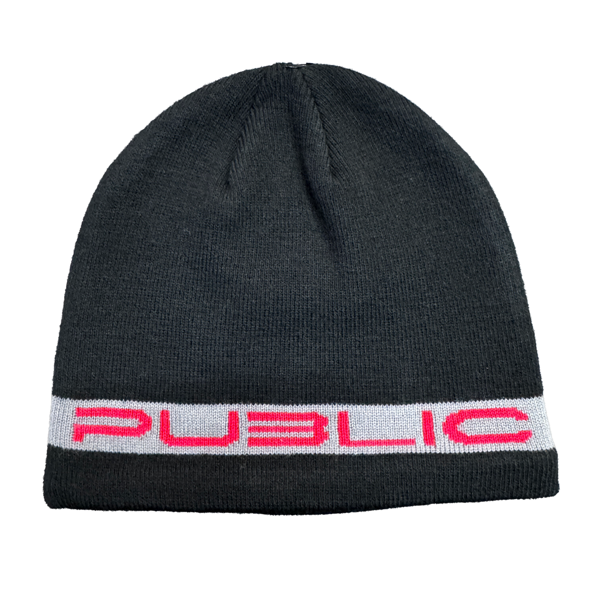PUBLIC Snowboards Stretch Logo Skully in Black and Red with low-profile knit construction and red PUBLIC logo band across the cuff.