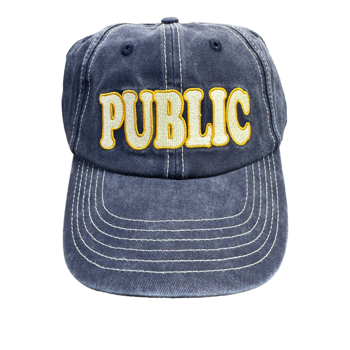 PUBLIC Snowboards Tourist Cap in Navy shown from the front with distressed finish, contrast stitching and large embroidered PUBLIC logo.