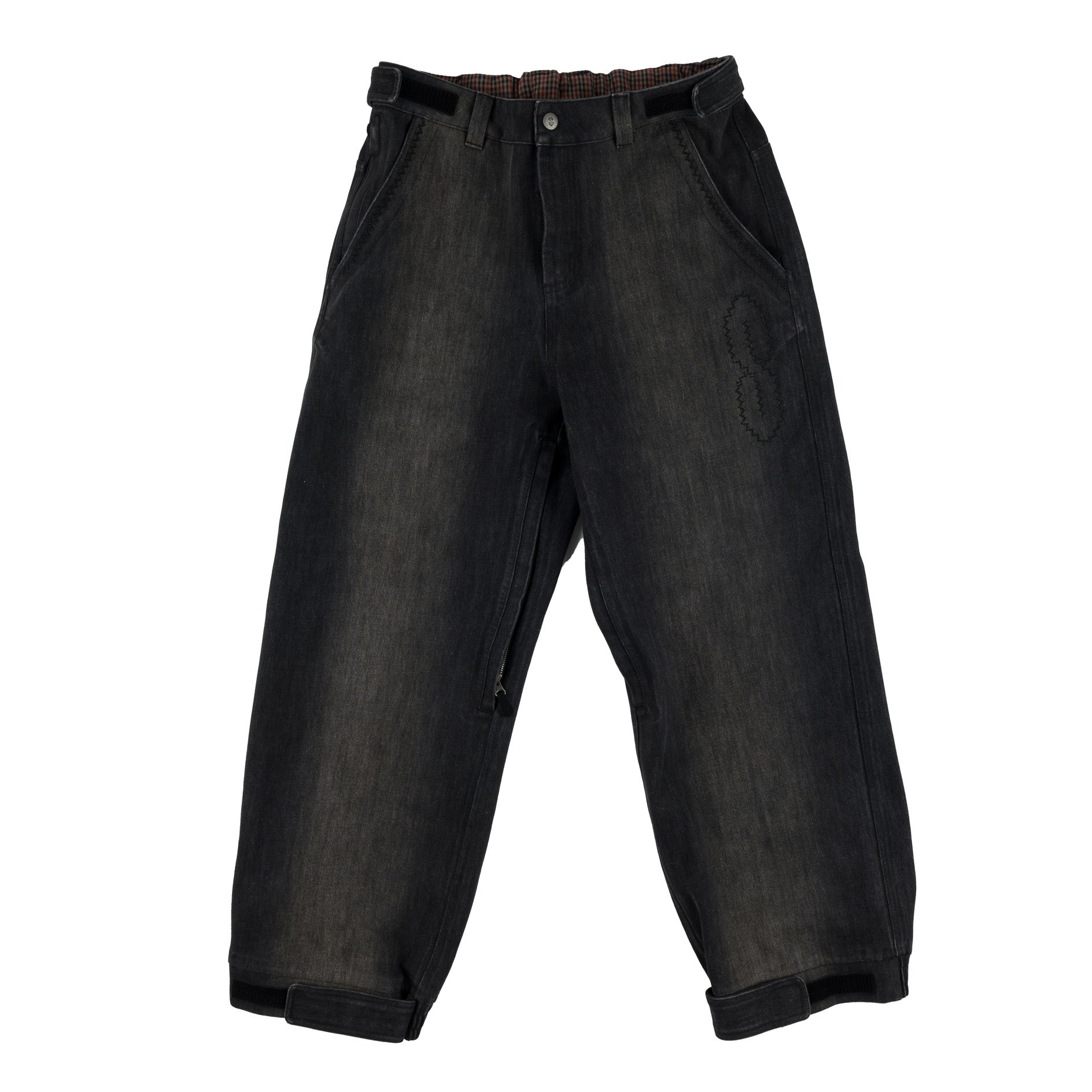 Souvenir 3 Ply Denim Pant 2027 in Black Denim shown from the front with relaxed workwear fit, adjustable waist tabs, zippered hand pockets and cuff adjusters.