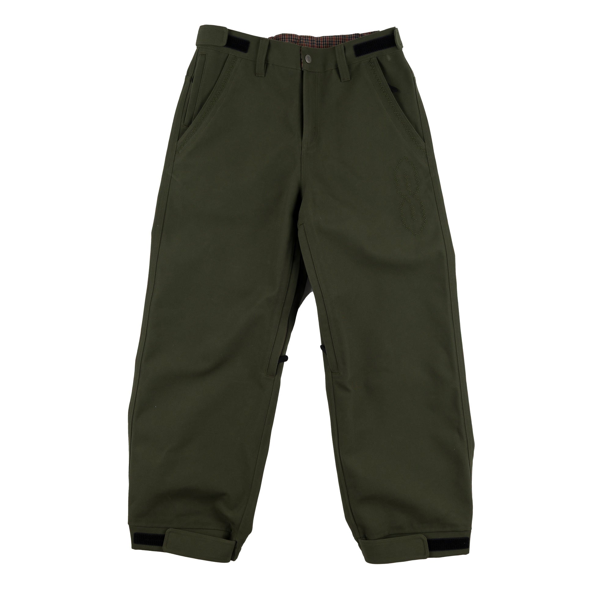 Souvenir 3 Ply Workwear Pant 2027 in Dark Olive Oxford shown from the front with relaxed workwear fit, adjustable waist tabs, zippered hand pockets and adjustable cuffs.