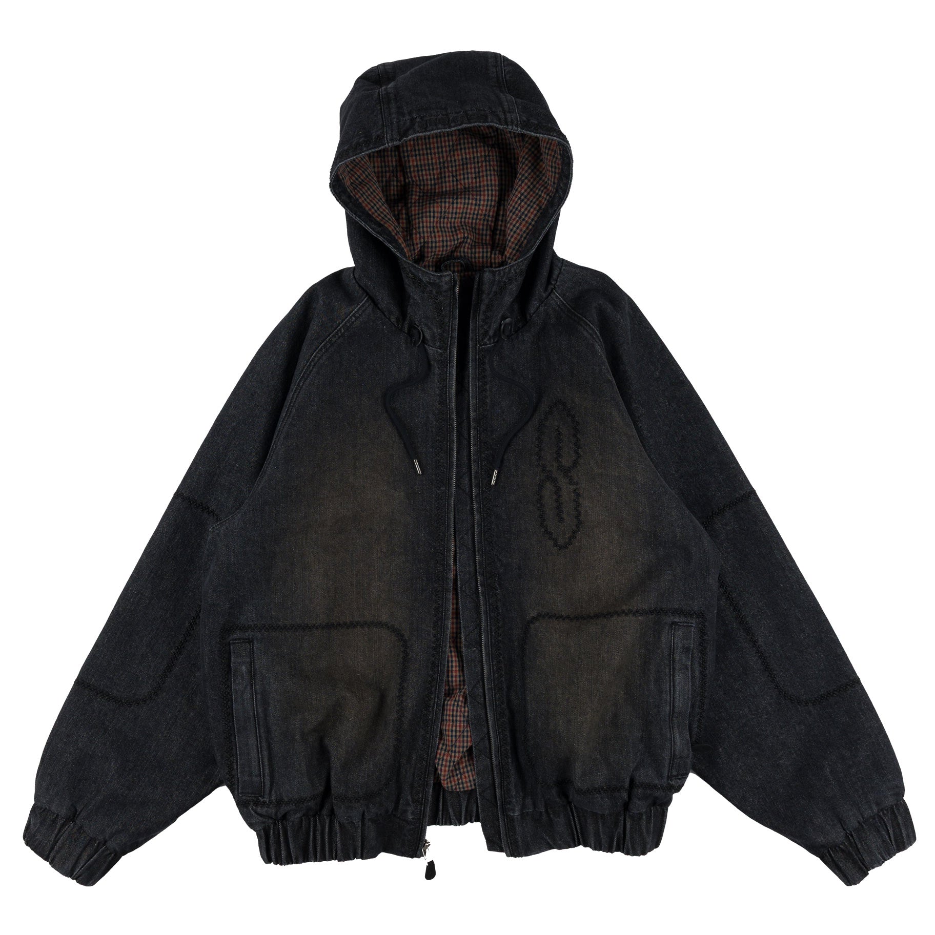 Souvenir Denim Bomber Jacket 2027 in Black shown from the front with faded heavyweight denim, hood, plaid lining, zippered hand pockets and elasticized cuffs and hem.