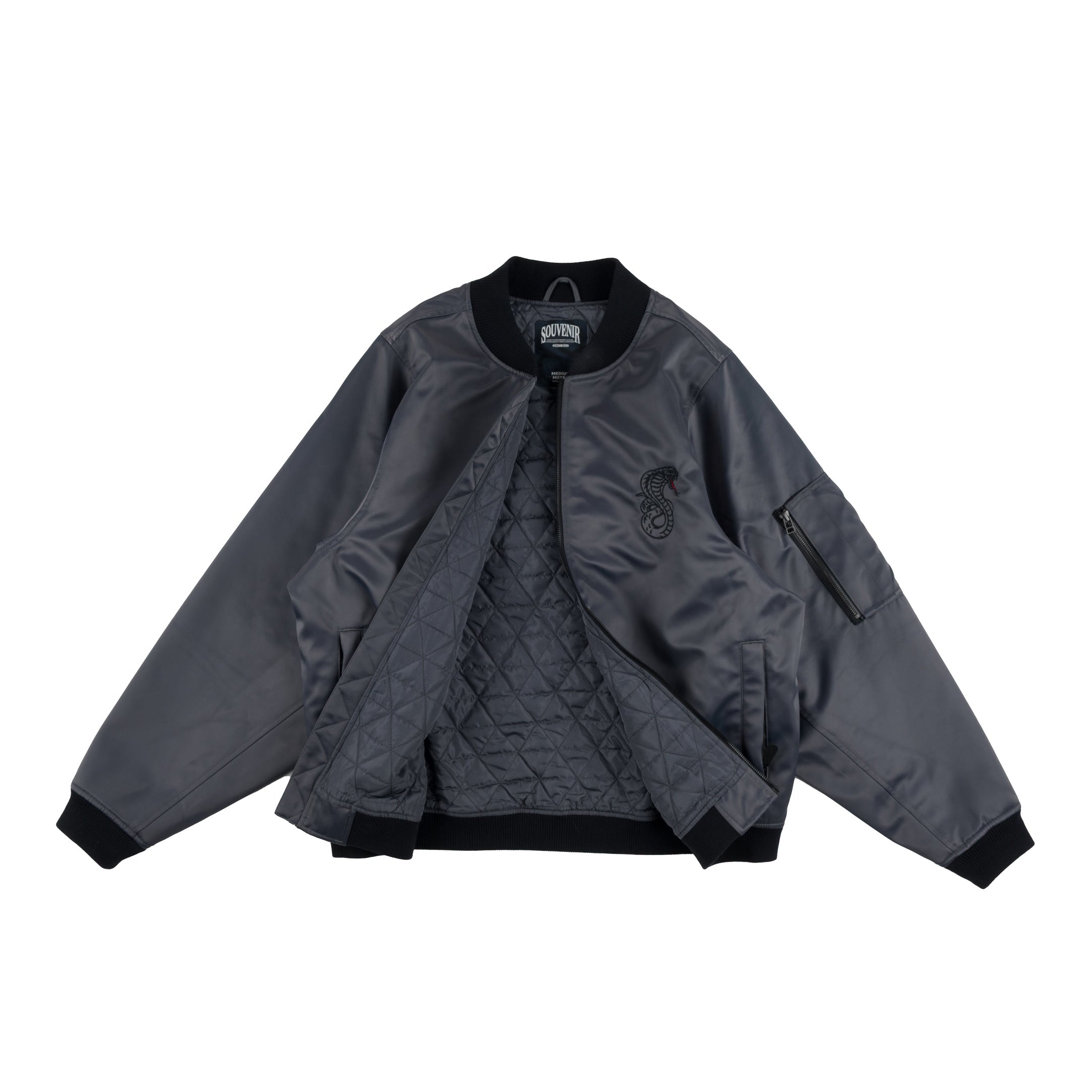 Souvenir Flight Bomber Jacket 2027 shown from the front with shiny nylon shell, quilted lining, ribbed collar and cuffs, cobra chest embroidery and zippered sleeve pocket.
