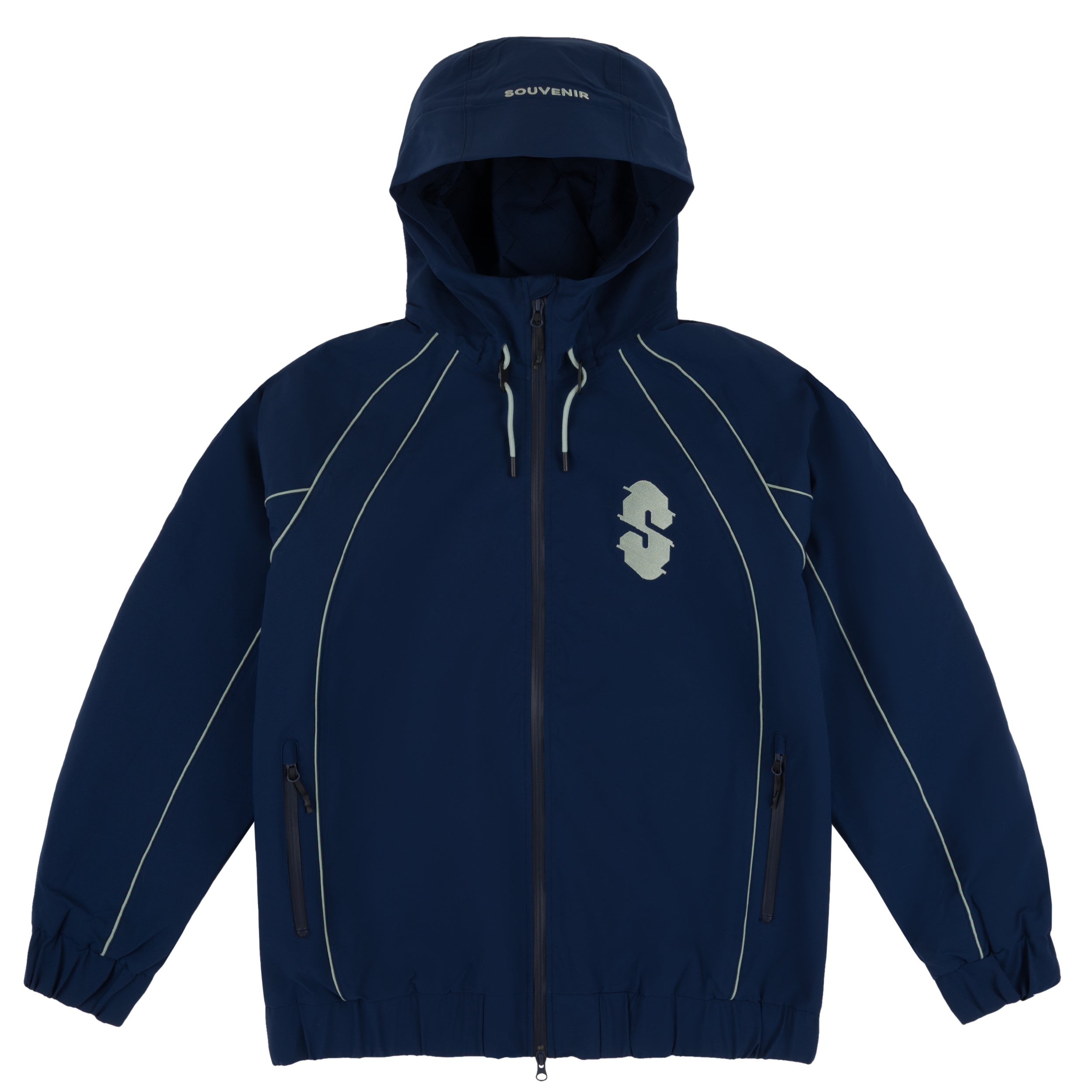 Souvenir Insulated Track Jacket 2027 in Navy shown from the front with hood, reflective piping, embroidered chest logo and zippered hand pockets.