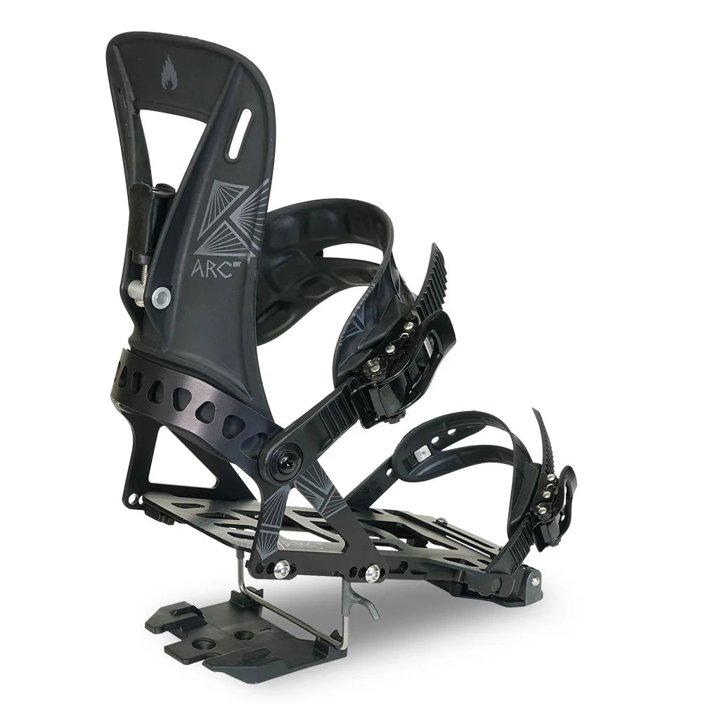 Spark R&D Arc ST splitboard binding in Black shown from a rear three-quarter angle with Asym Rip 'N' Flip highback, Pillow Line straps and ST touring hardware.