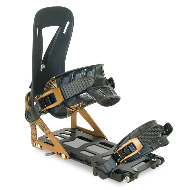 Spark R&D Arc ST splitboard binding in Copper shown from a front three-quarter angle with black Pillow Line straps and copper aluminum chassis.