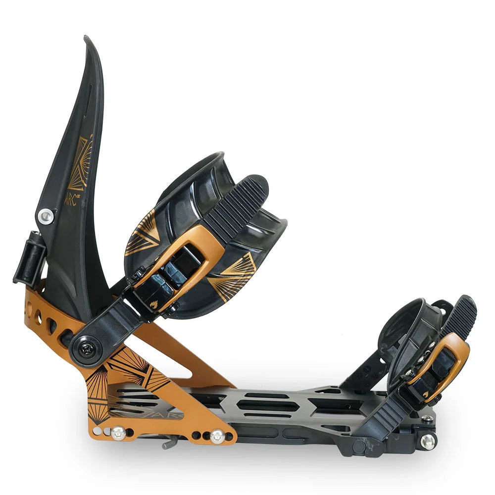 Side profile of the Spark R&D Arc ST splitboard binding in Copper showing the asymmetrical highback, Pillow Line straps and cutout baseplate.
