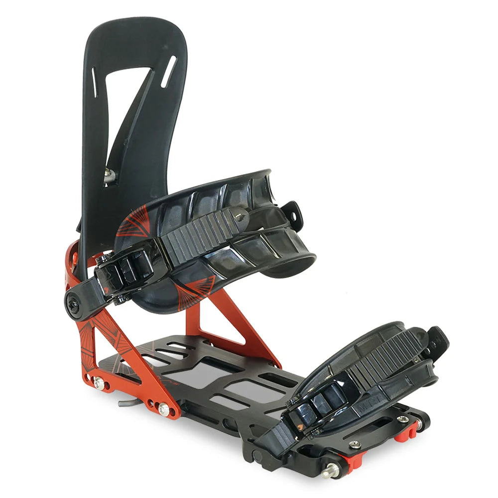 Spark R&D Arc ST splitboard binding in Red shown from a front three-quarter angle with black straps, red aluminum chassis and Tesla T1 interface.