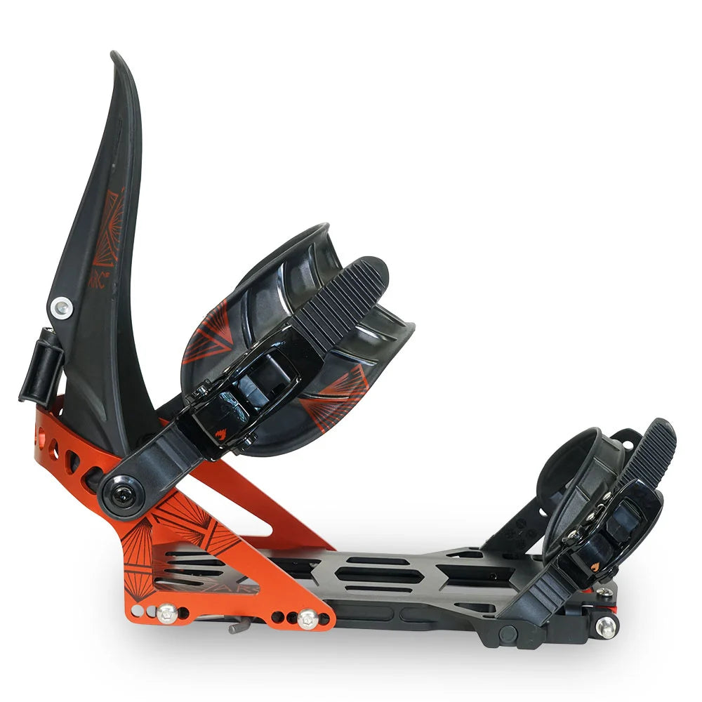 Side profile of the Spark R&D Arc ST splitboard binding in Red showing the Asym Rip 'N' Flip highback, black Pillow Line straps and cutout baseplate. Milosport