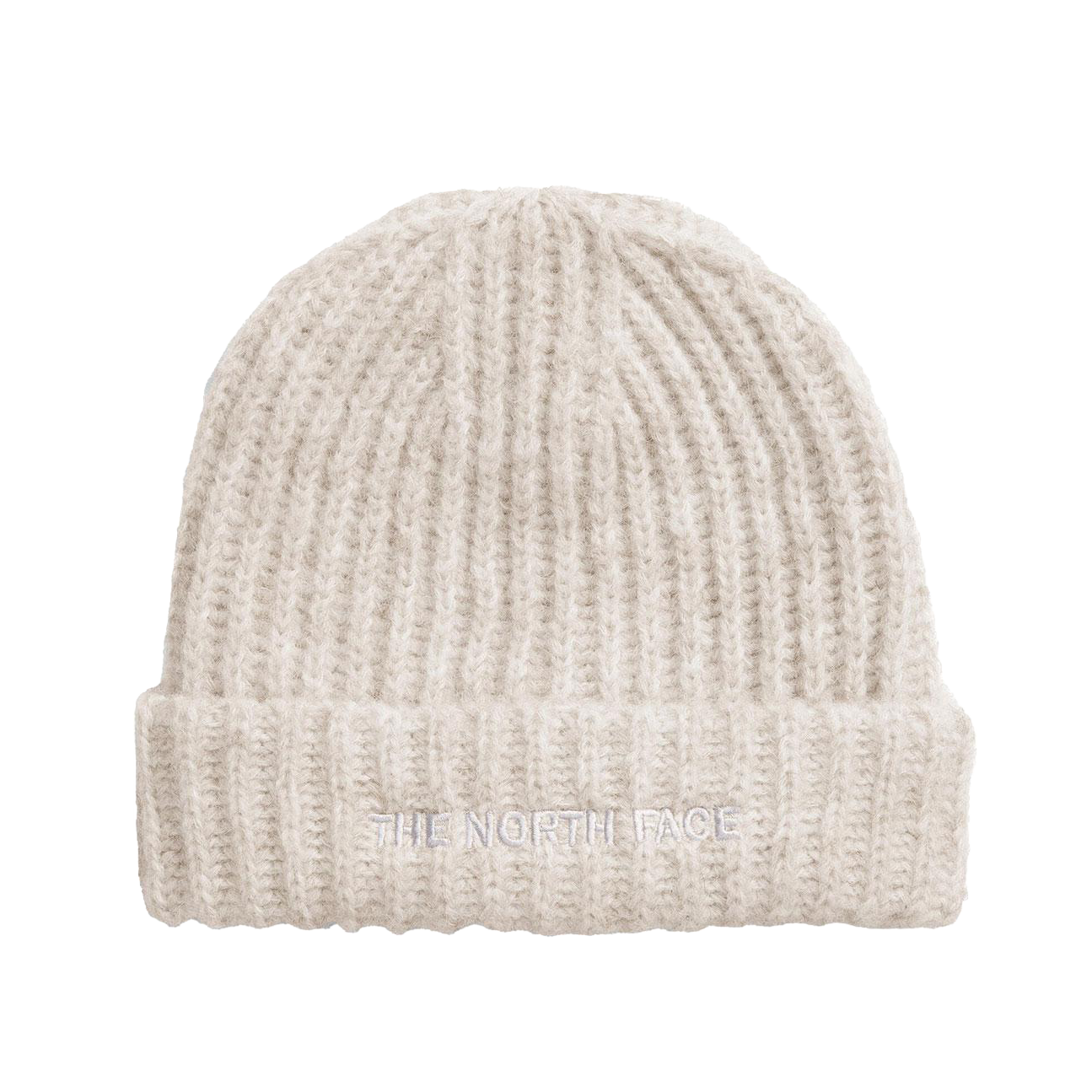 The North Face Fohair Cabin Beanie in White Dune with soft fuzzy knit construction, folded cuff and embroidered front logo.