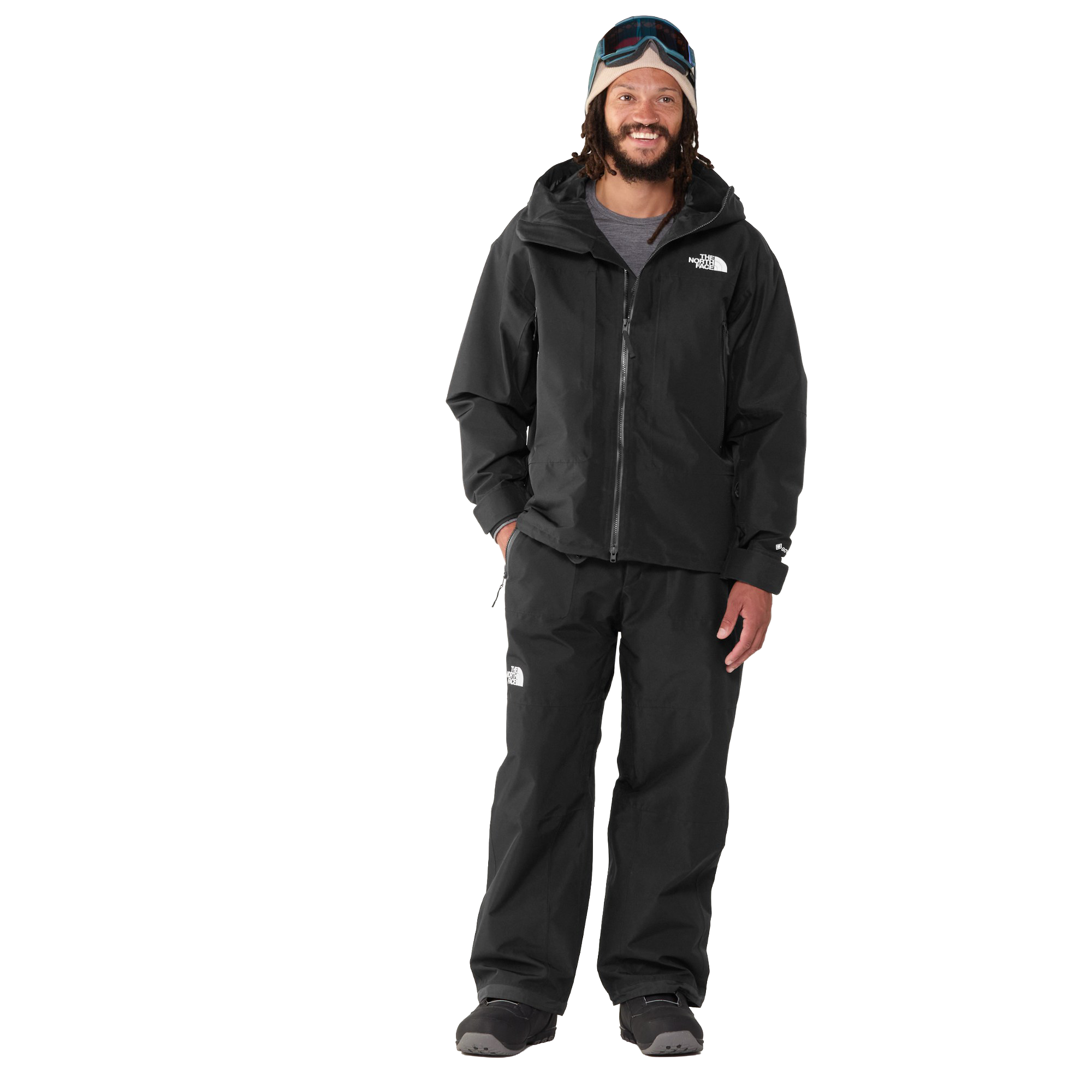 The North Face Men’s GORE-TEX Hex Pants in TNF Black worn with a matching black snow jacket and snowboard boots.