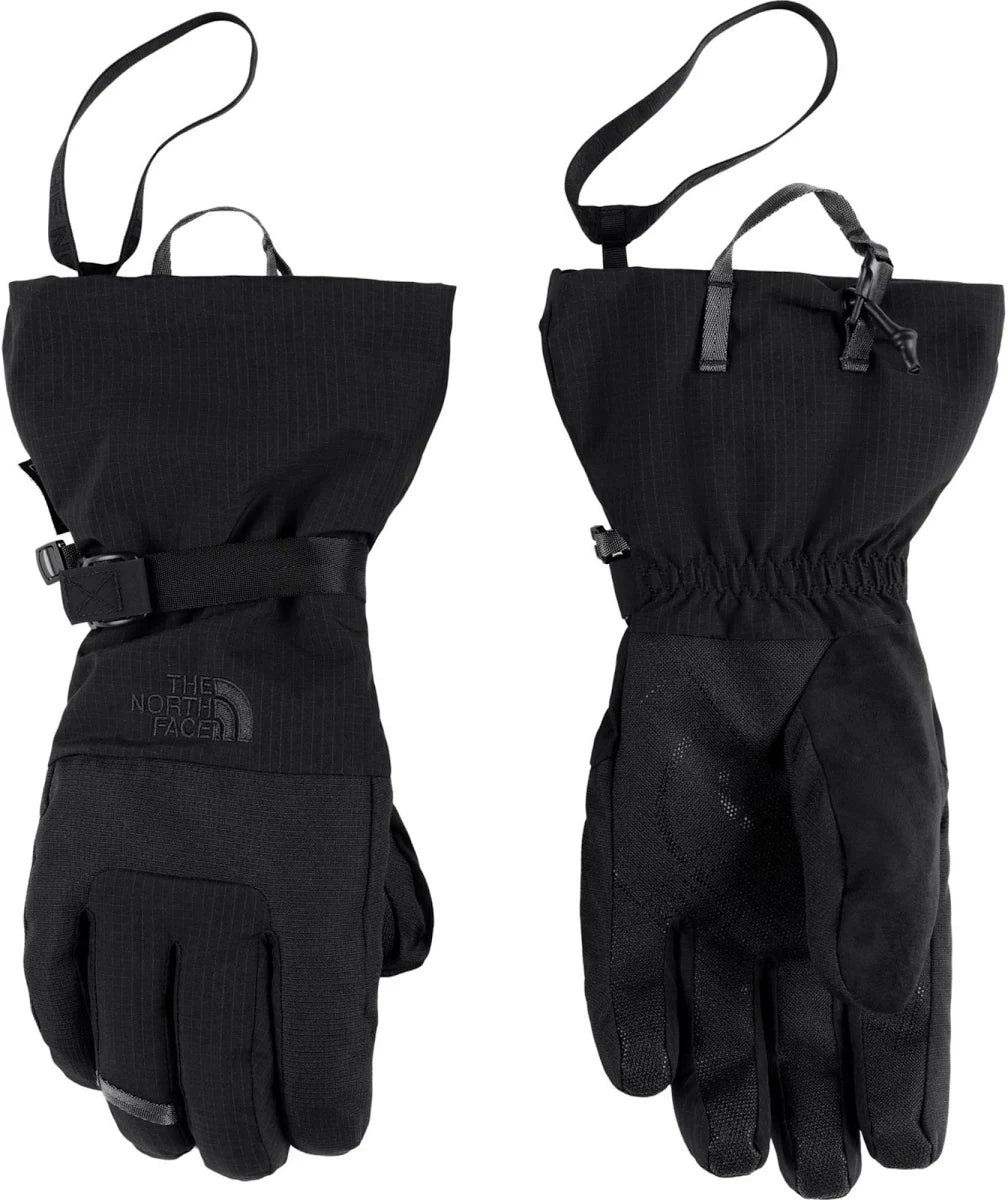 The North Face Men’s Montana Glove in TNF Black shown from the back and palm sides with gauntlet cuffs, wrist leashes and adjustable closures.