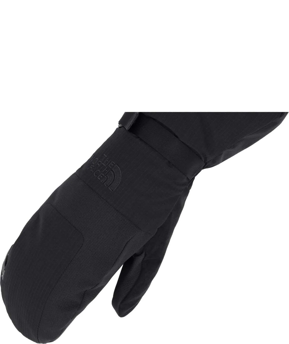 Close-up of the back of The North Face Men’s Montana Mitt in TNF Black showing the tonal logo, wrist strap and insulated shell construction.