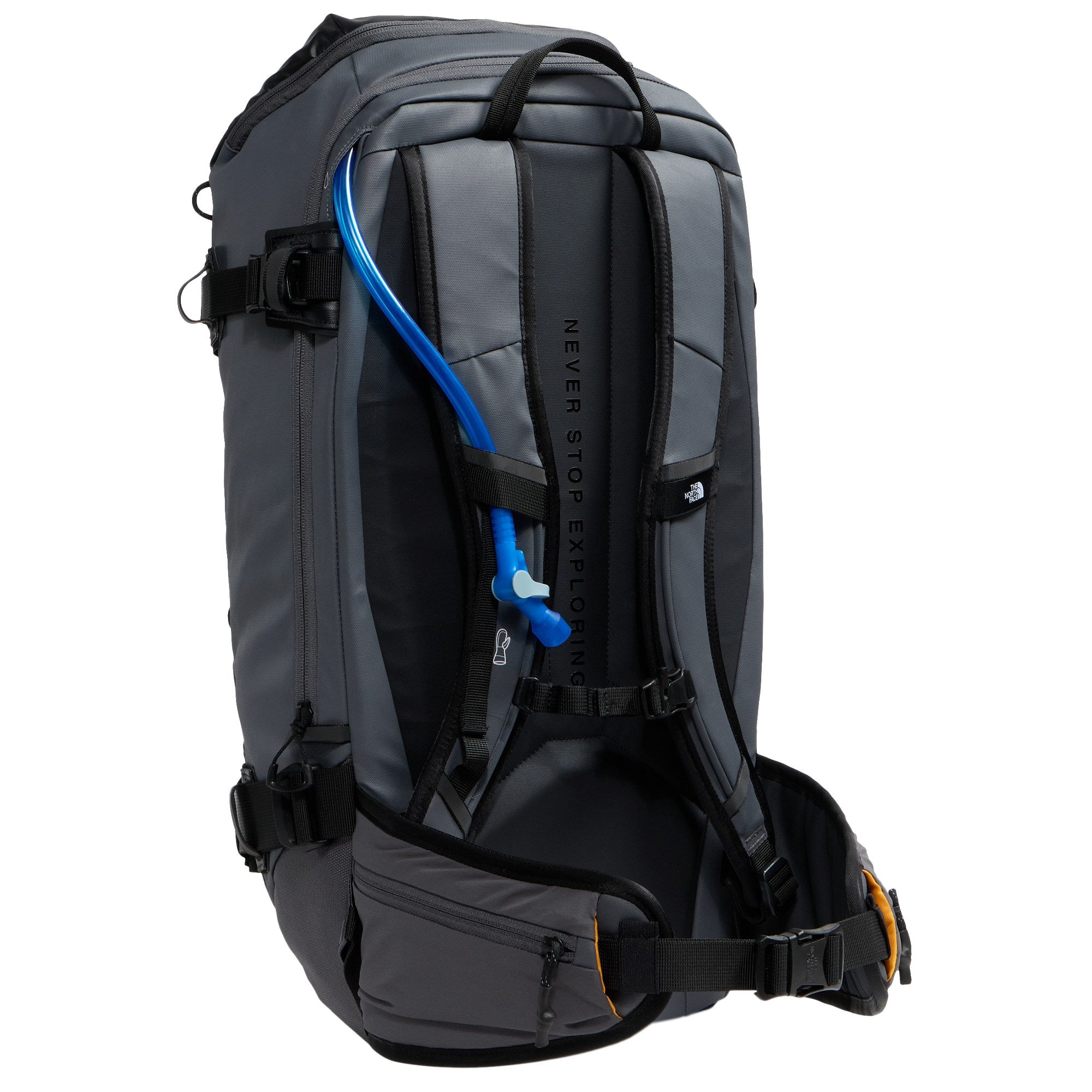 Rear three-quarter view of The North Face Slackpack 30 showing padded shoulder straps, waist belt and routed hydration hose.