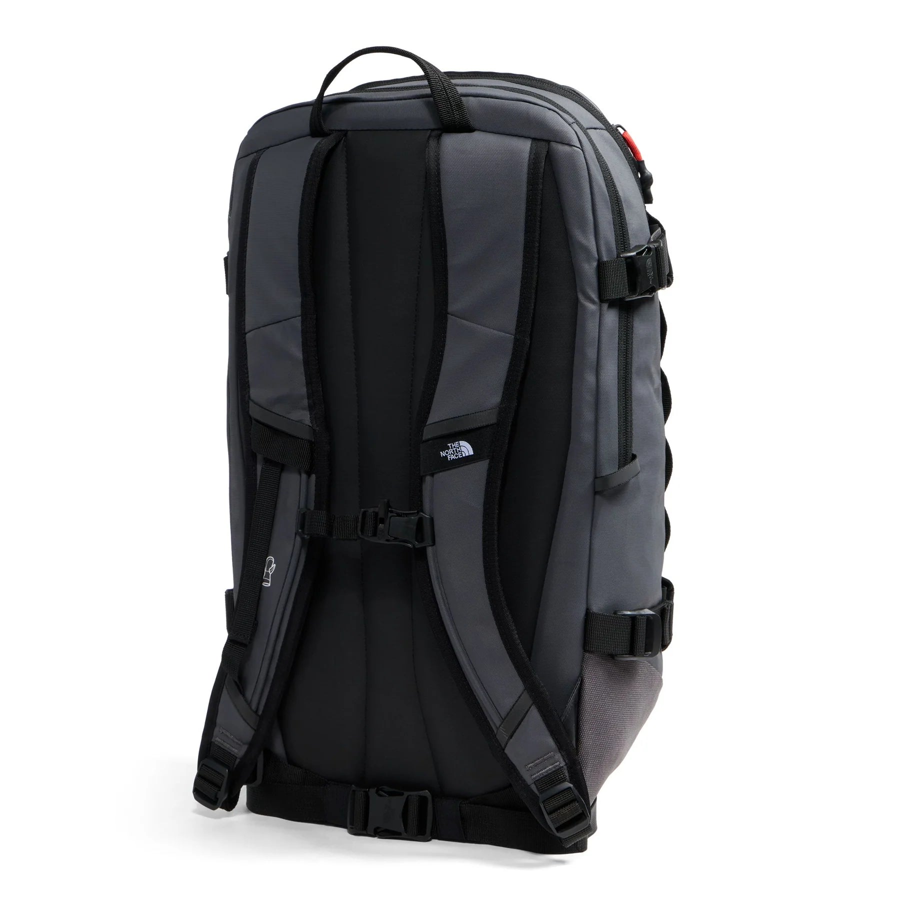 Rear view of The North Face Snowdrift 22 + 6 snow backpack showing the padded back panel, shoulder straps and waist strap.