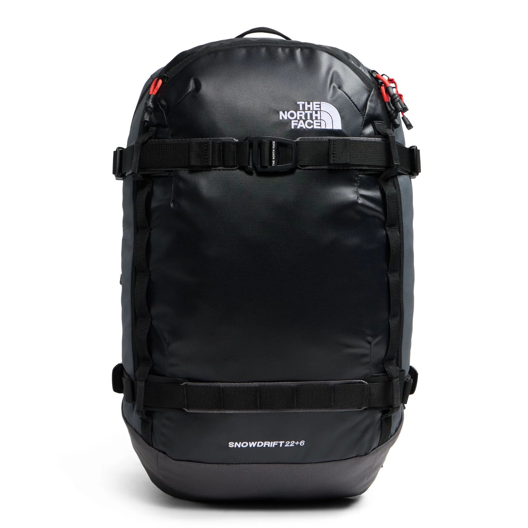 Front view of The North Face Snowdrift 22 + 6 snow backpack showing the TNF logo, horizontal snowboard carry straps and Snowdrift 22 + 6 branding.