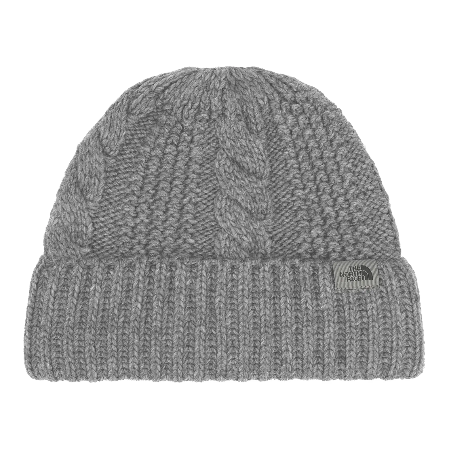 The North Face Women’s Oh Mega Beanie in Heather Gray with chunky knit construction, folded cuff.