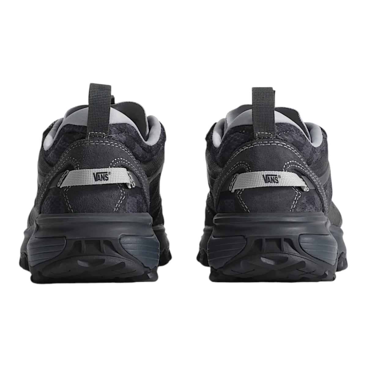 Rear view of a pair of Vans Crosspath XC shoes showing heel pull tabs, Vans branding and cushioned heel construction.