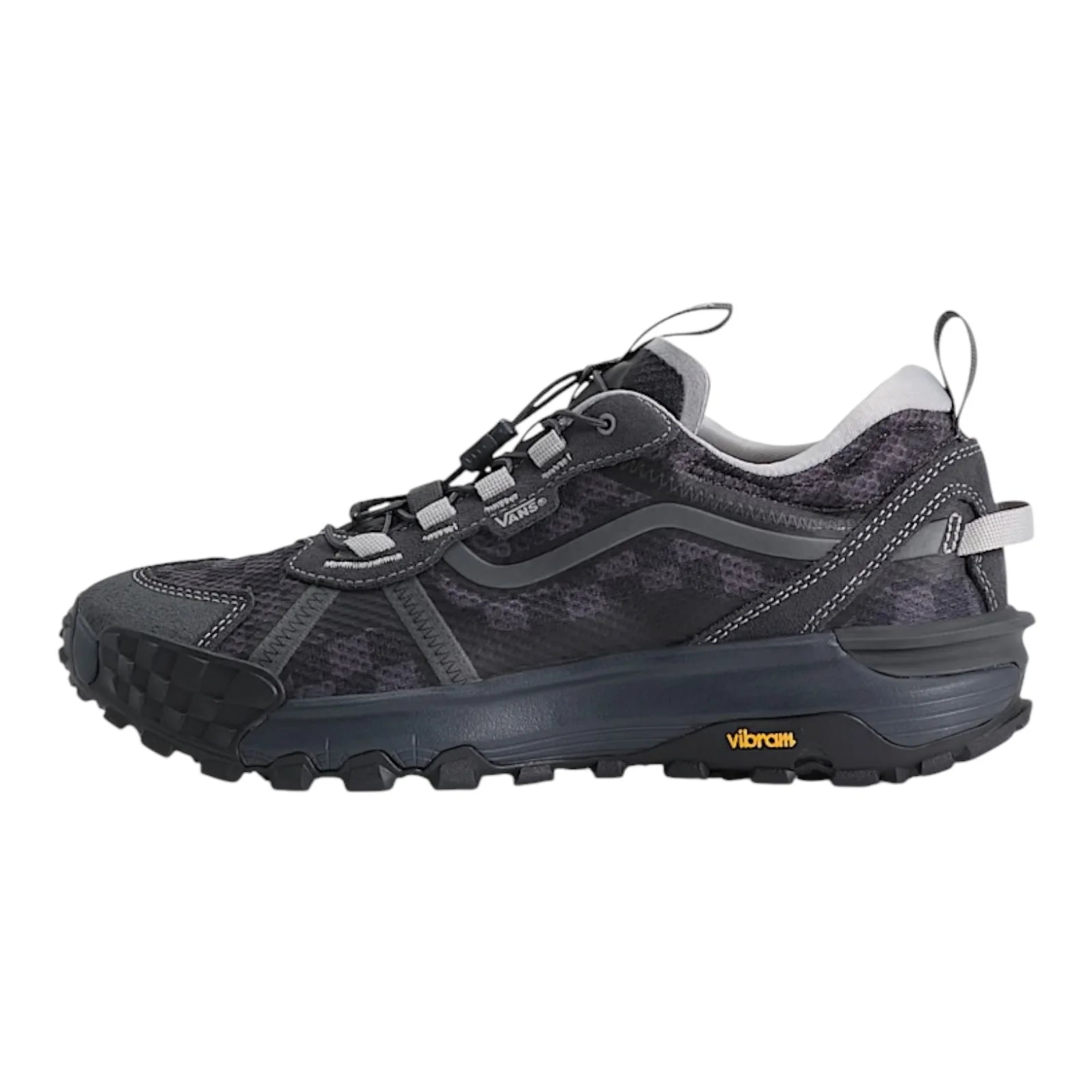 Inner side profile of the Vans Crosspath XC in Checkerboard Charcoal Grey showing the technical mesh upper, heel pull tab and Vibram outsole.