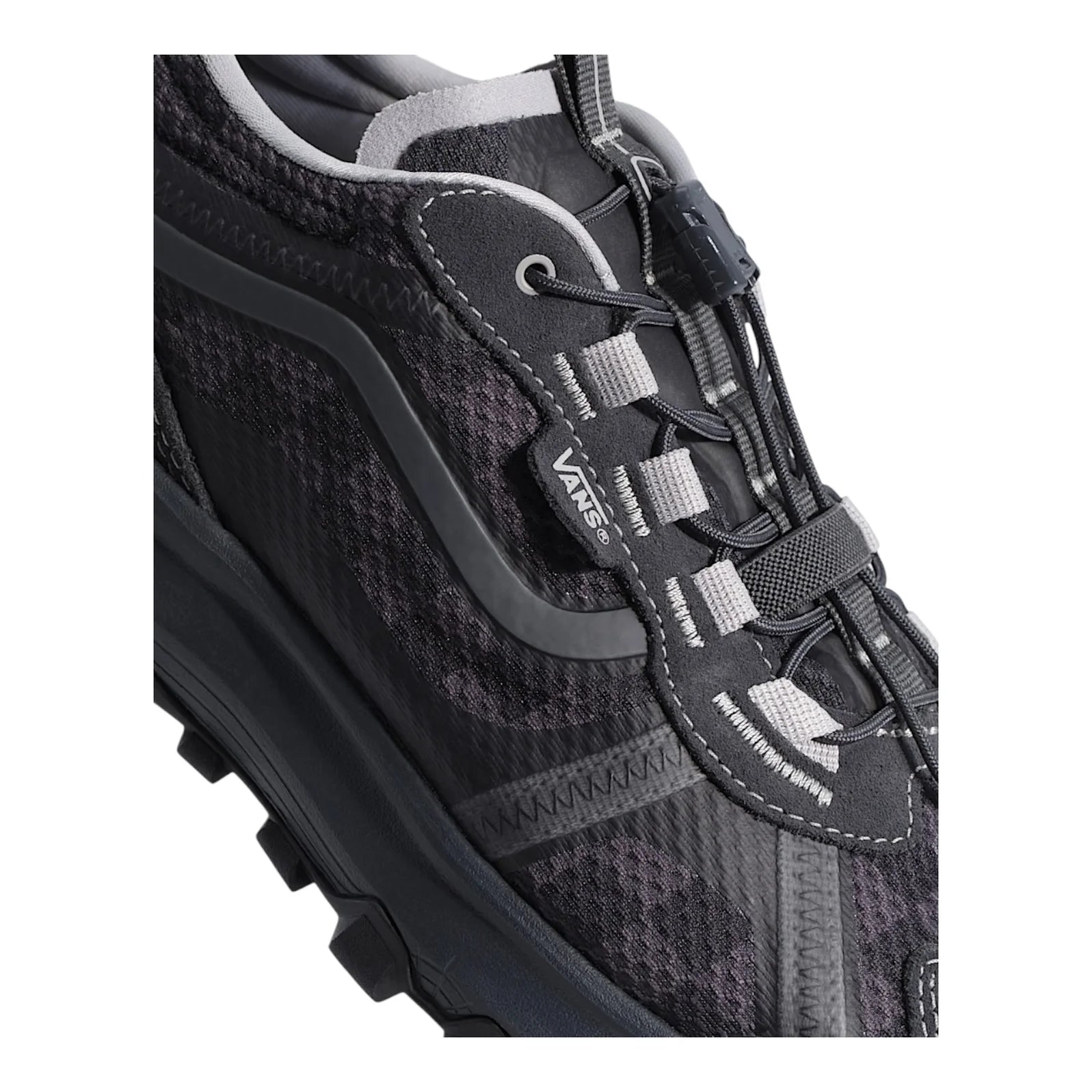 Close-up of the speedlace system, Vans side stripe, suede overlays and technical mesh upper on the Crosspath XC shoe.