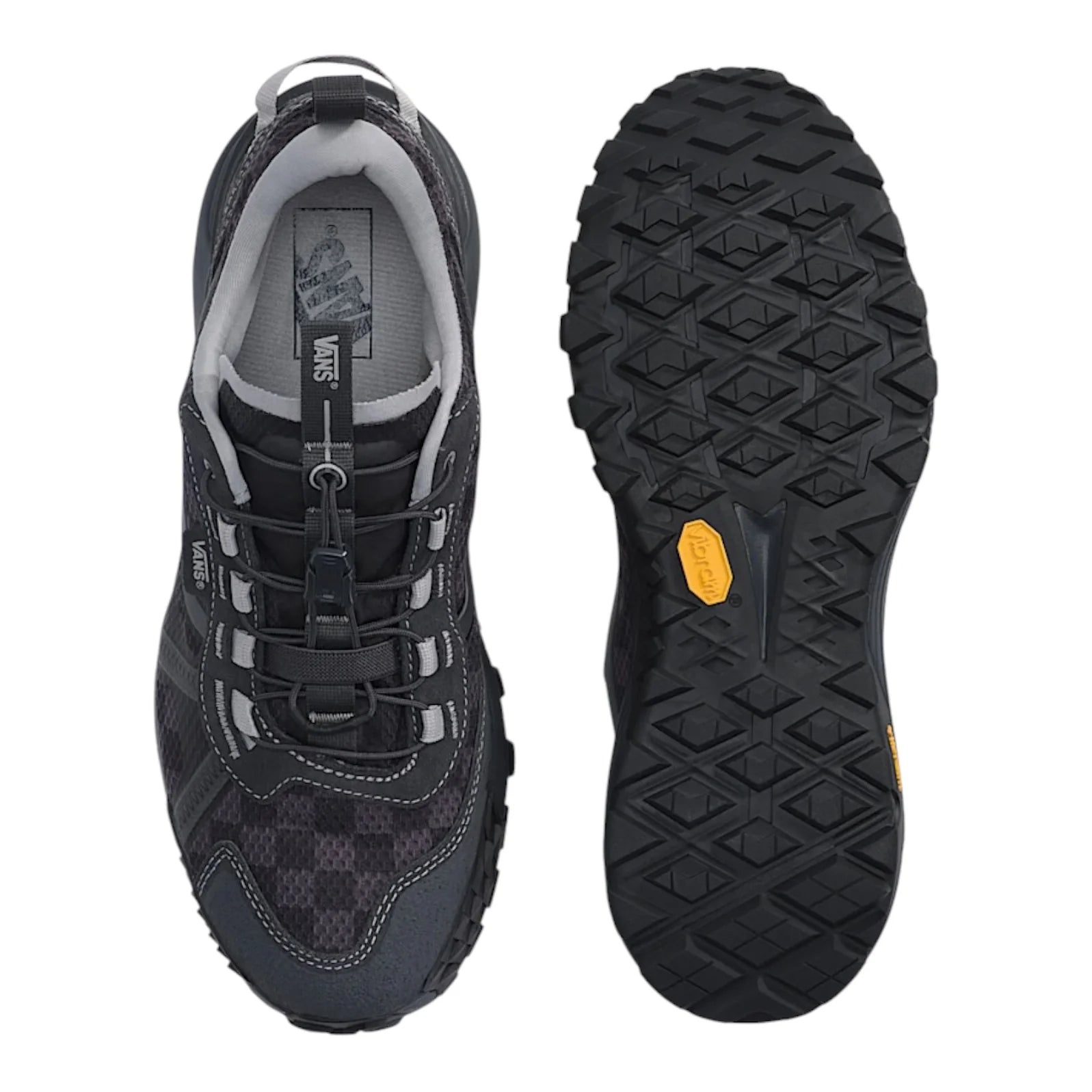 Top view and outsole view of the Vans Crosspath XC showing the speedlace system and aggressive Vibram XS TREK EVO tread.