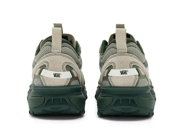 Rear view of a pair of Vans Crosspath XC shoes in Oatmeal showing Vans heel branding, pull tabs and cushioned dark midsoles.