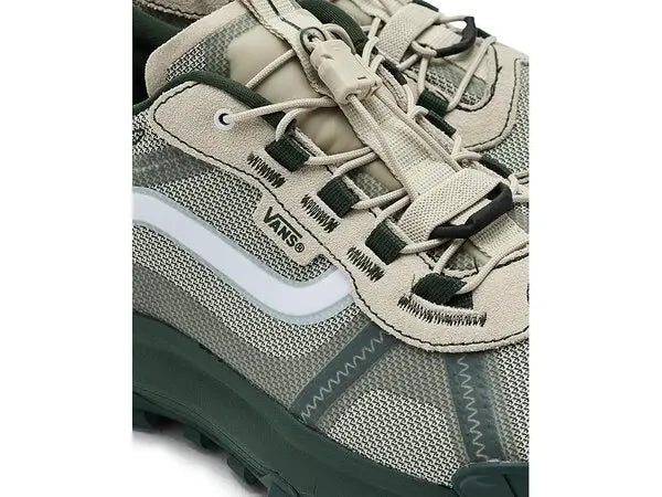 Close-up of the speedlace system, suede overlays, technical mesh and Vans branding on the Oatmeal Crosspath XC shoe.