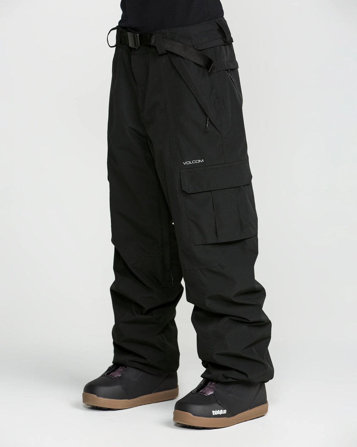 Volcom Liftline 20K Pant 2027 in Black shown from a front three-quarter angle with extra-baggy fit, cargo pockets and webbing waist adjustment.