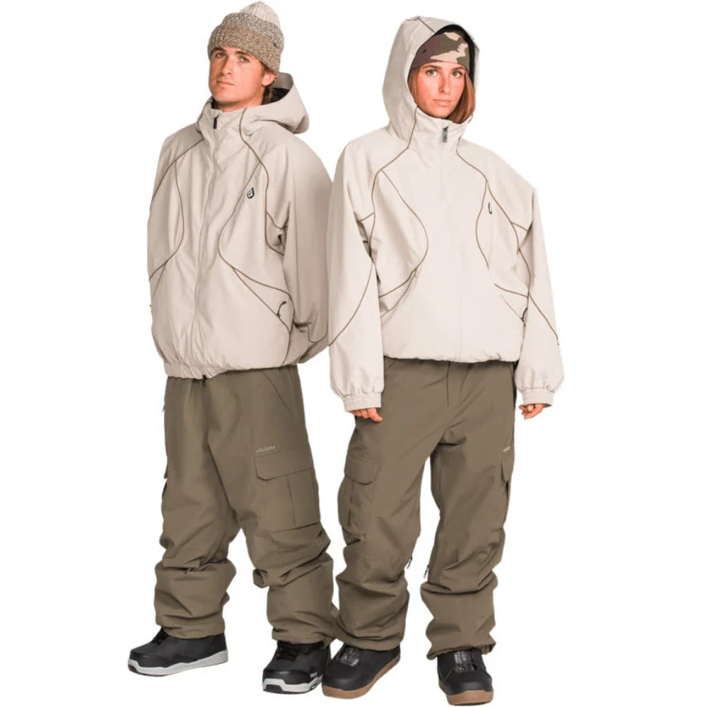 Volcom Liftline 20K Pant 2027 in Teak shown on two models with snowboard jackets, highlighting the extra-baggy fit and cargo pocket styling.
