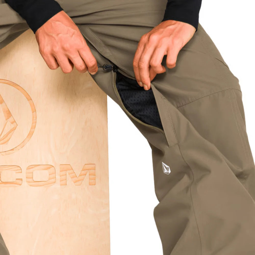 Close-up of the Volcom Liftline 20K Pant 2027 in Teak showing the open mesh-lined zippered thigh vent.
