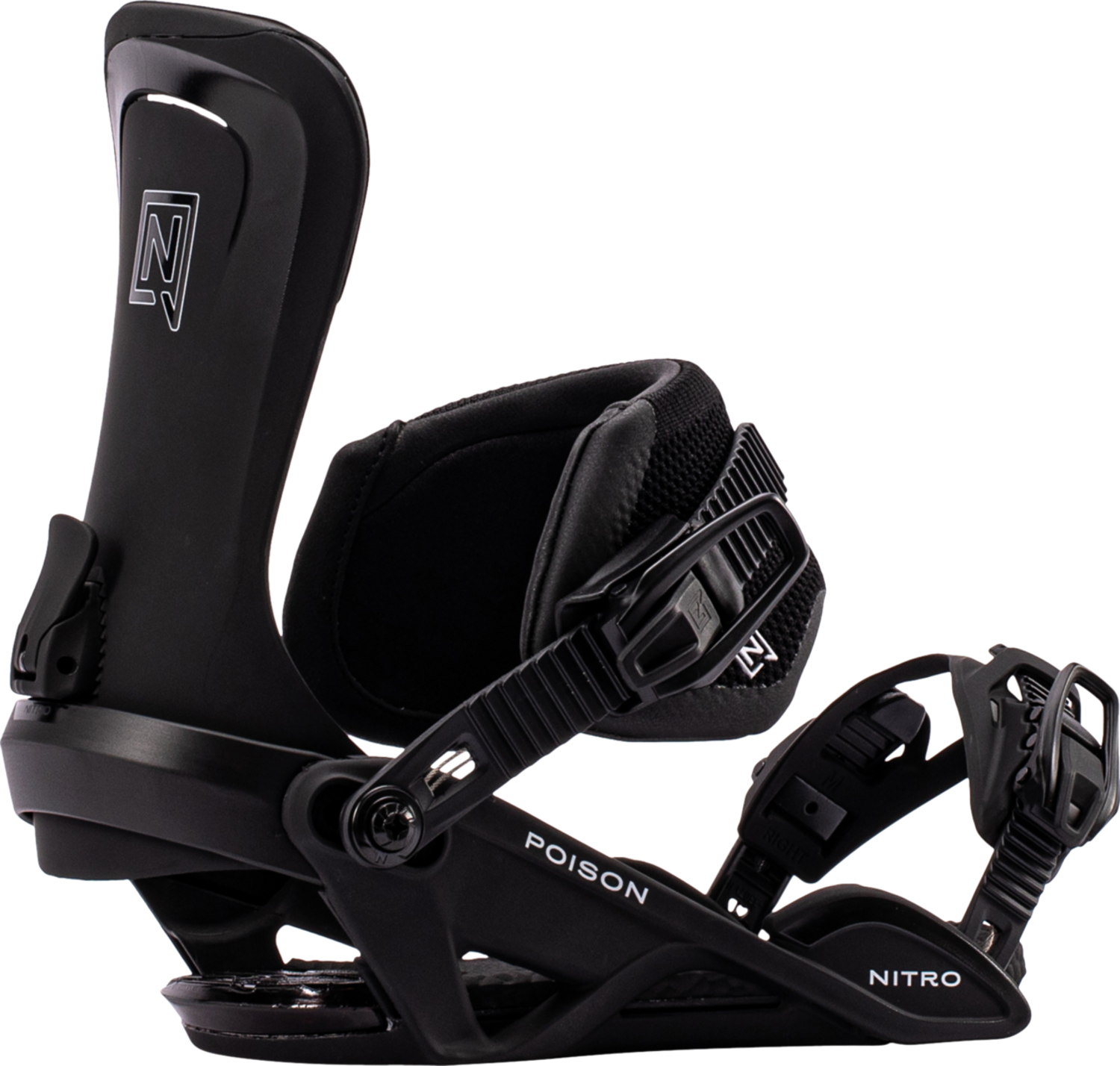 Black Nitro Poison snowboard bindings from 2027 model, featuring sleek design and adjustable straps for snowboarding.