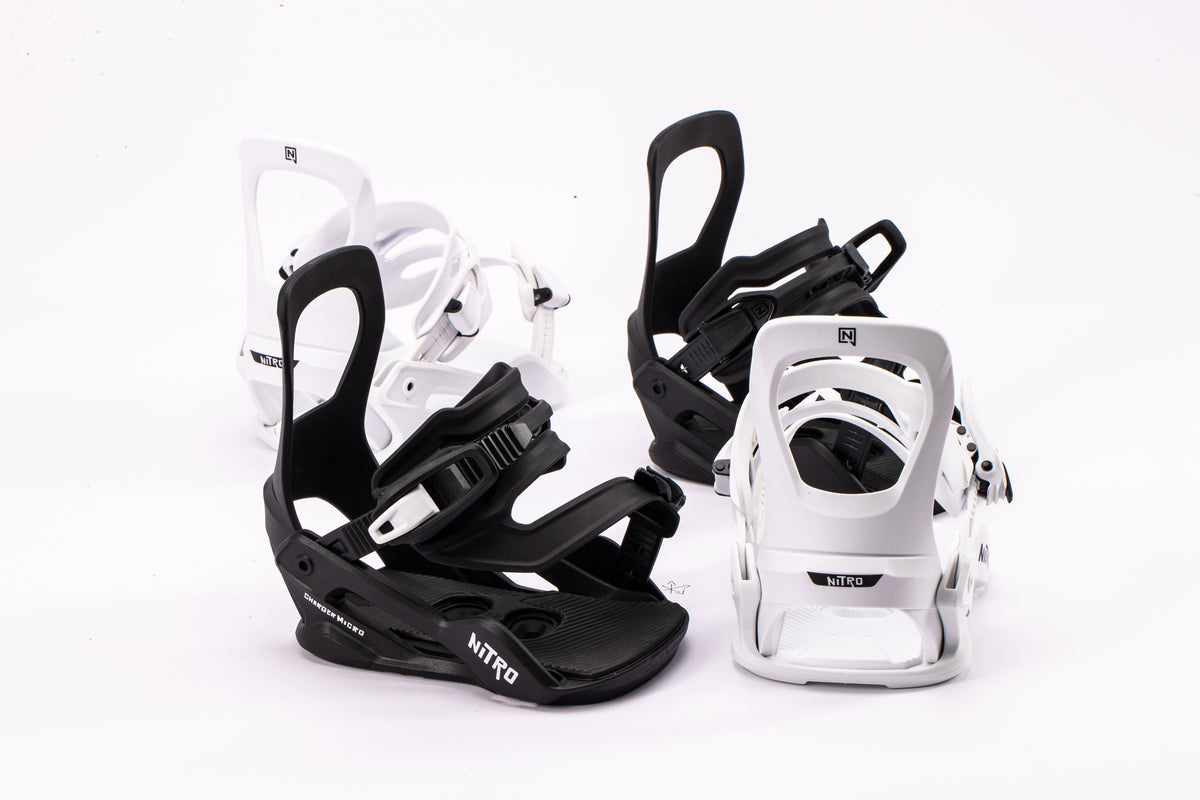 Nitro Charger Micro kids snowboard bindings for 2027, featuring a secure strap system and durable construction for young snowboarders.
