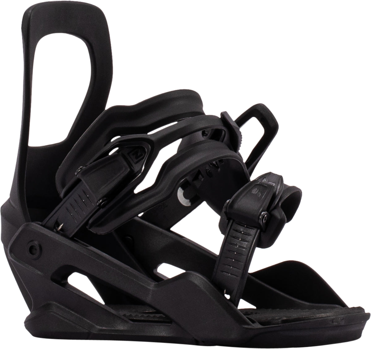 Black Nitro Charger Micro kids snowboard bindings mounted on a snowboard, designed for children’s snowboarding in 2027.