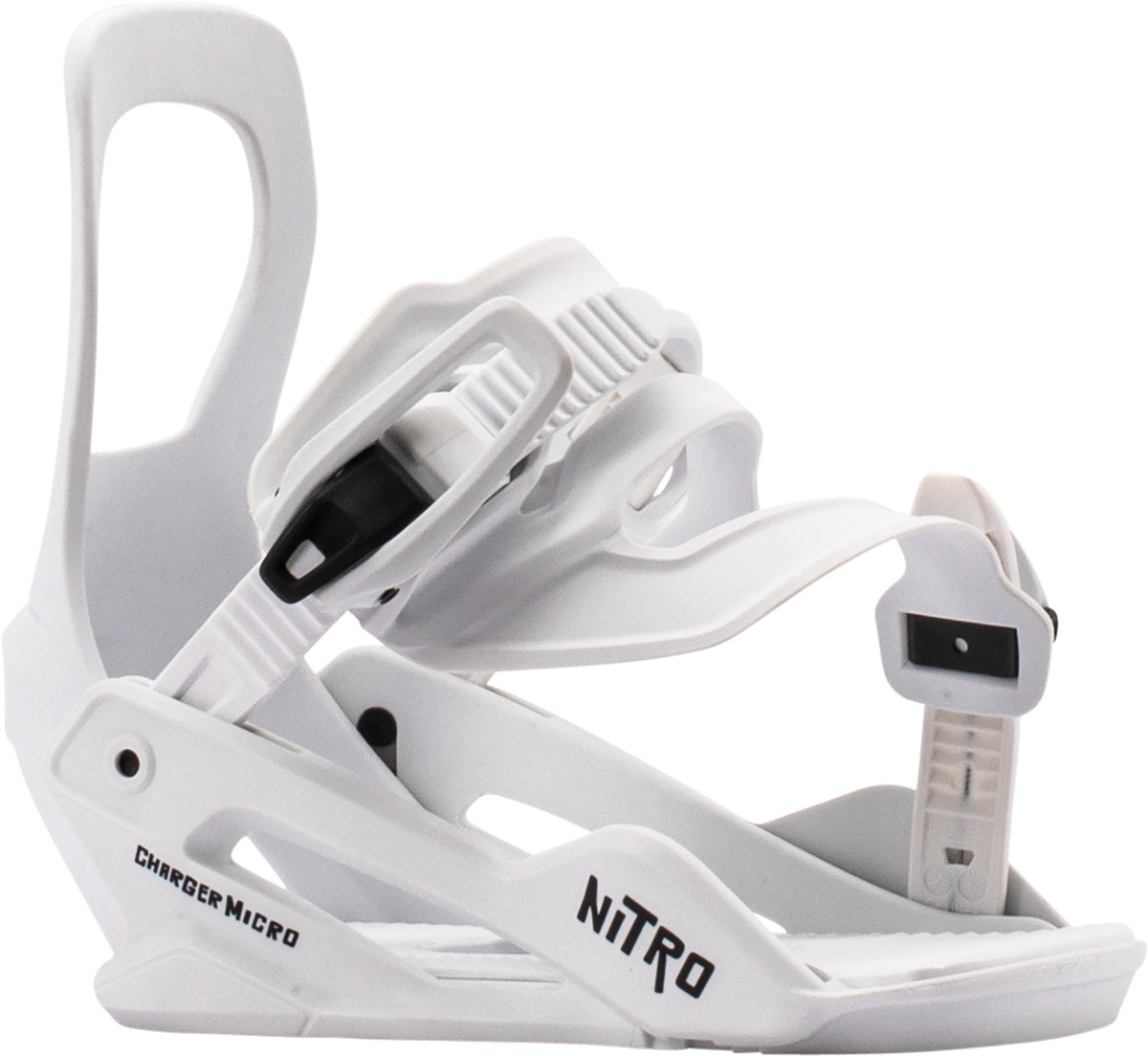Nitro Charger Micro kids' snowboard bindings in white, designed for micro snowboard setups, shown from a side view.
