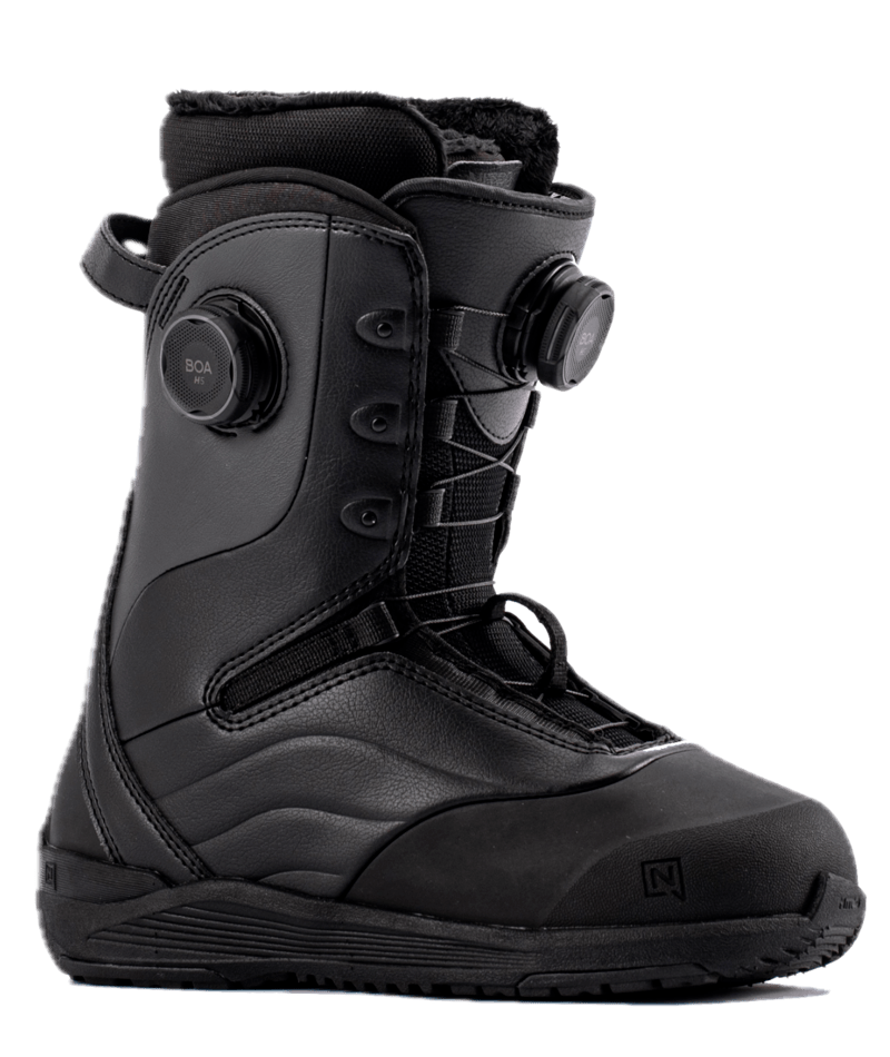 Nitro Crown Boa women's snowboard boots in black and white with adjustable lacing and padded interior for winter snowboarding.