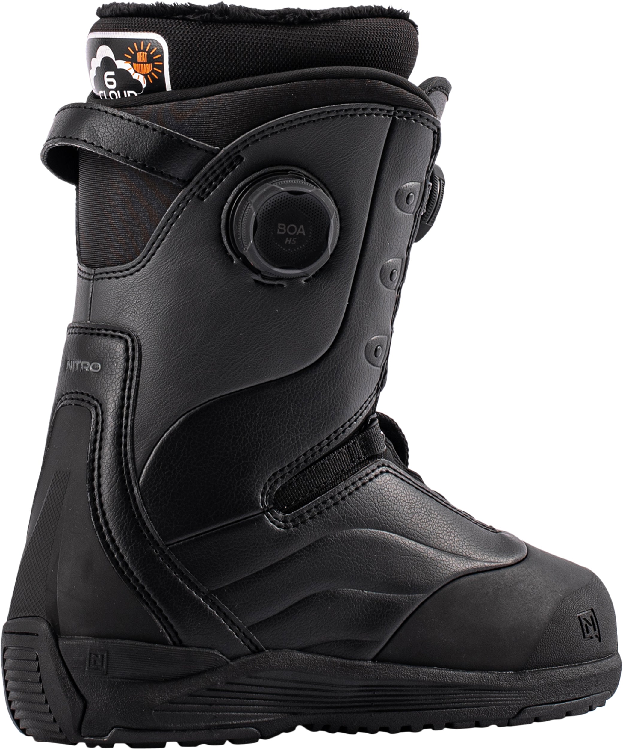 Side view of Nitro Crown Boa Women's snowboard boots 2027, featuring black and pink design with lacing and Boa closure system.