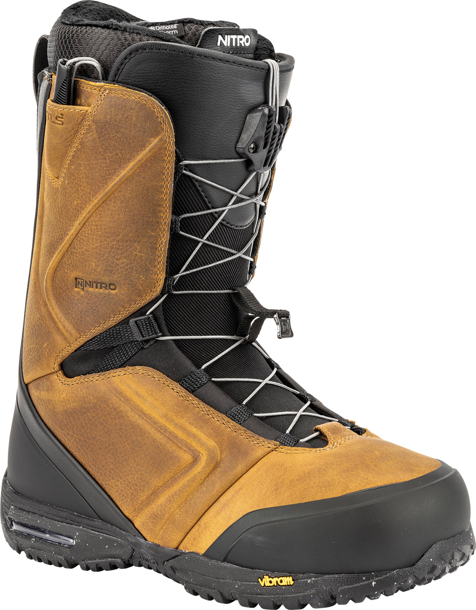 Nitro El Mejor TLS+ snowboard boots 2027 shown from an overview angle, featuring black and gray design and secure lacing system.