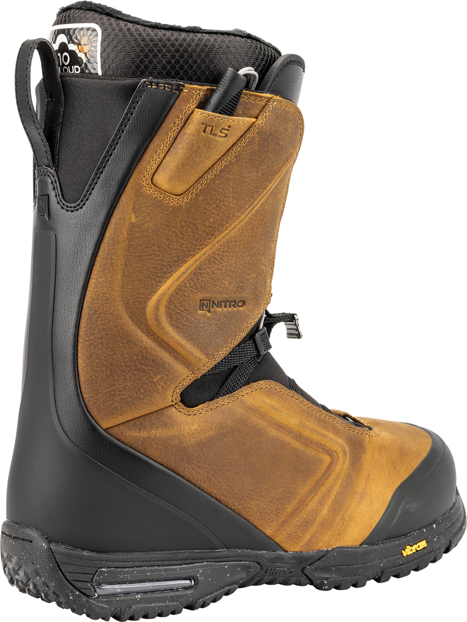 Side view of Nitro El Mejor TLS+ snowboard boots 2027, featuring black and gray design with secure lacing system and padded ankle support.