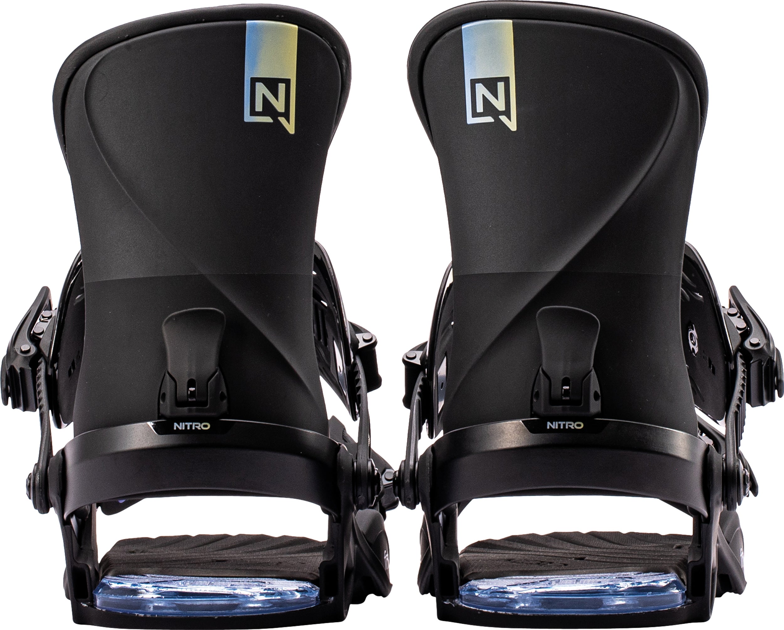 Black Nitro Fate snowboard bindings with highbacks, designed for snowboarding in 2027.